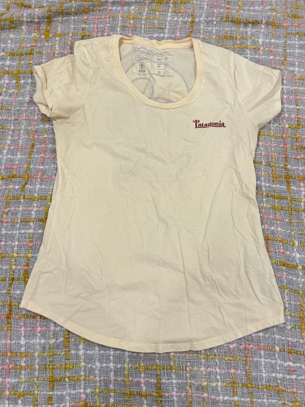 Patagonia Cream Short Sleeve Tee with Maroon Script Logo